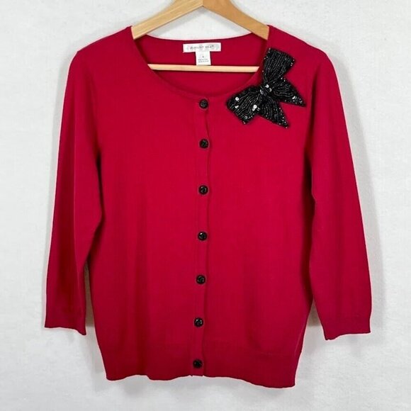 August Silk Dainty Feminine Beaded Bow 3/4 Sleeve Deep Red Cardigan Sweater M - Picture 1 of 7